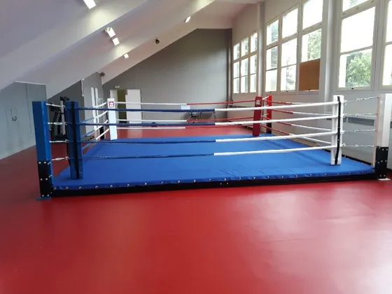 Royal Blue Boxing Ring Canvas Floor Cover with Blue and White Rope Covers and Coloured Corner Pads